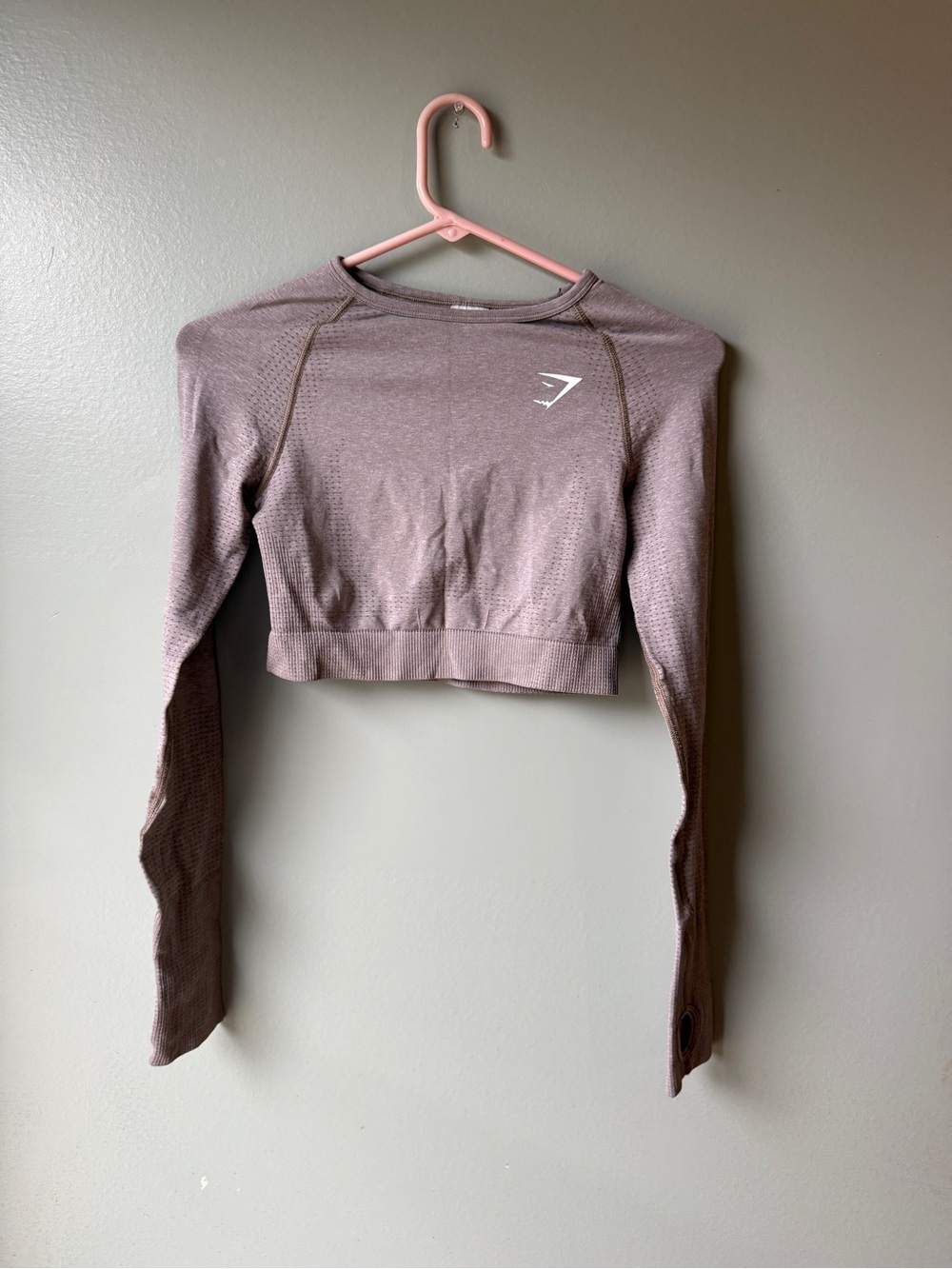 Gym Crop Top Long Sleeve‎ Thumbhole Seamless Workout Shirt Women’s S Taupe